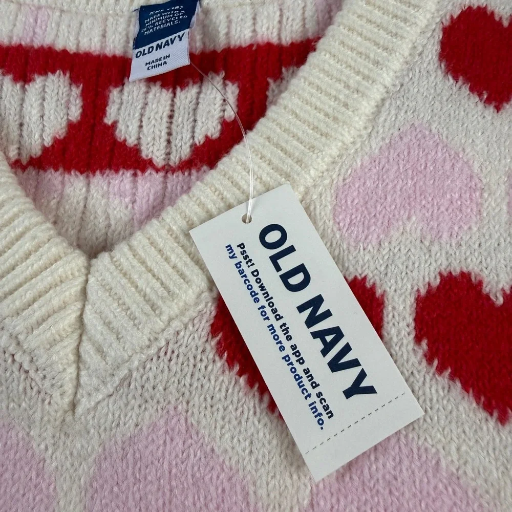 Old Navy Heart Sweater Vest Girls XXL 18 Pink Red White V-Neck Knit Coquette‎
